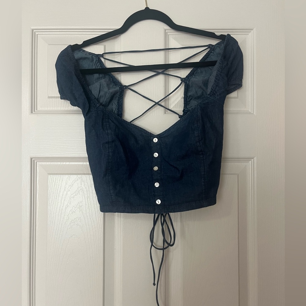 Derek heart medium crop top denim jean corset lace up back peasant off shoulder